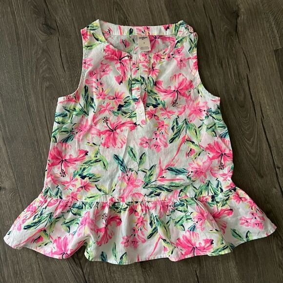 OSHKOSH FLORAL PINK PRINT PEPLUM TANK and short size 7 - Picture 4 of 8
